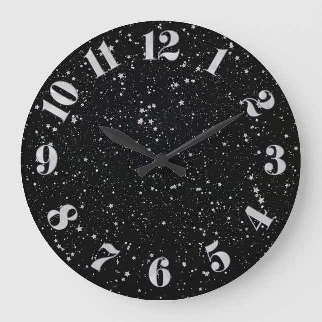 Reloj Redondo Grande Estrellas purpurinas2 - Negro plateado (Anverso)