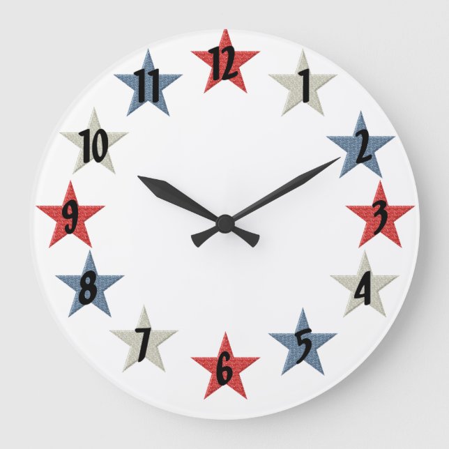 Reloj Redondo Grande Estrellas rojas blancas y azules (Anverso)