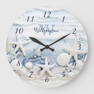 Reloj Redondo Grande Estrellas y conchas de mar en 3D   Monograma coste