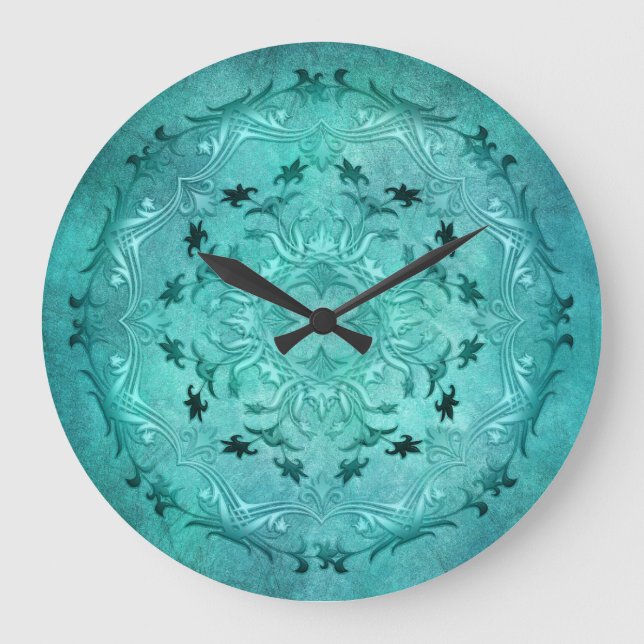 Reloj Redondo Grande Ethnic floral turquoise grunge mandala (Anverso)