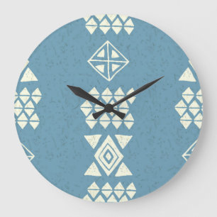 Reloj Redondo Grande Étnica azteca: Blue Geometric Seamless.