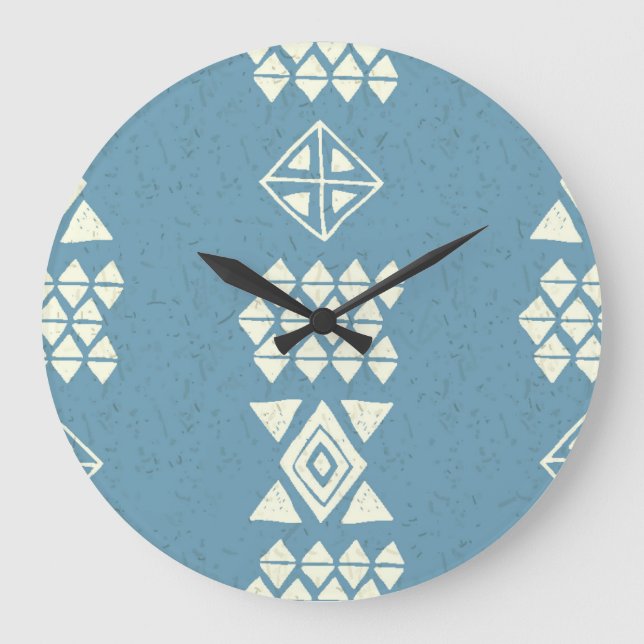 Reloj Redondo Grande Étnica azteca: Blue Geometric Seamless. (Anverso)
