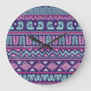 Reloj Redondo Grande Étnica Tribal: Colorido Patrón Sin Mar.