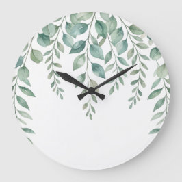 Reloj Redondo Grande Eucalipto en Acuarela Minimalista con Monograma en