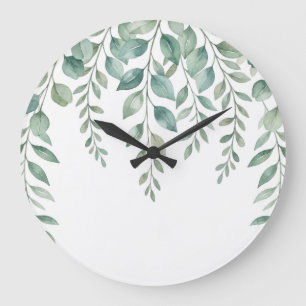 Reloj Redondo Grande Eucalipto en Acuarela Minimalista con Monograma en