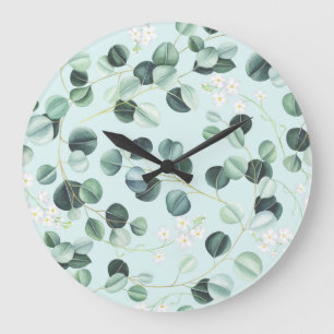 Reloj Redondo Grande Eucalyptus Bliss: Patrón de acuarela turquesa.
