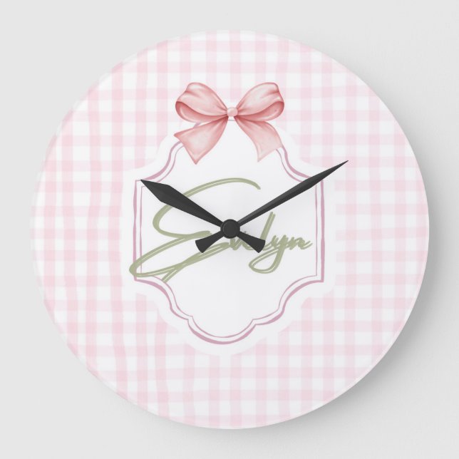 Reloj Redondo Grande Evelyn Baby Nursery Personalizado Bow&Gingham (Anverso)
