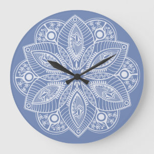 Reloj Redondo Grande Exotic White Mandala on Blue Background