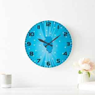 Reloj Redondo Grande Explosión de Estrella Azul Silueta del Estado de I
