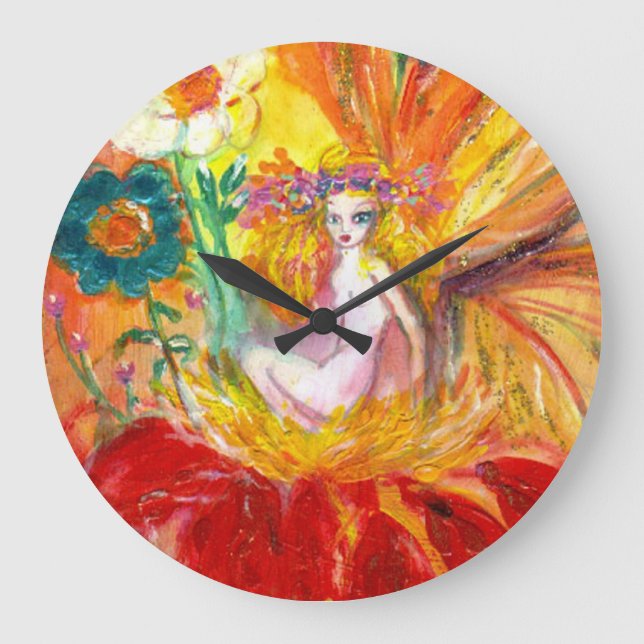 Reloj Redondo Grande FAIRY OF THE FLOWERS Red Yellow Fantasy (Anverso)