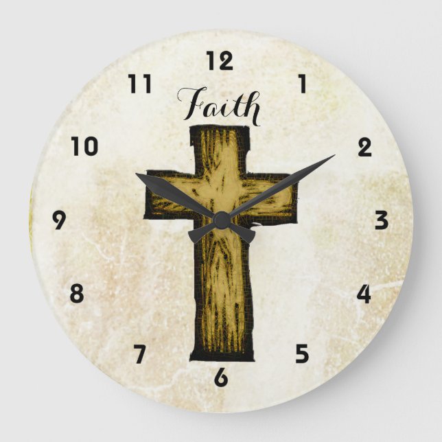 Reloj Redondo Grande Faith Brown Wooden cruza esperanza e inspiración (Anverso)