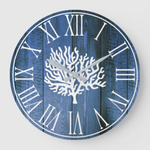 Reloj Redondo Grande Falsa silueta azul náutica del coral de madera y