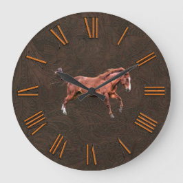 Reloj Redondo Grande Falsas herramientas, cuero tallado con caballo roj