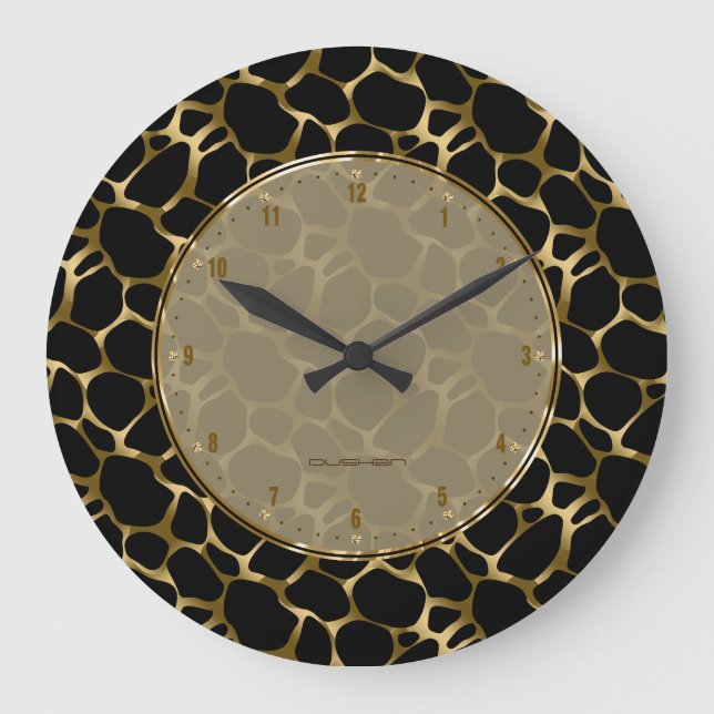 Reloj Redondo Grande Falso oro metálico y estampado leopardo negro (Anverso)