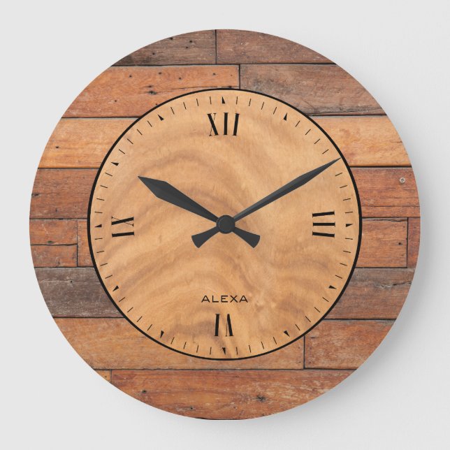 Reloj Redondo Grande Falsos tablones de madera marrones rústicos (Anverso)