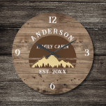 Reloj Redondo Grande Familia Cabina Rústica Árboles Retro Nombre Famili<br><div class="desc">Transforme su hogar en un acogedor refugio con nuestro reloj grande de cascabel de Árboles Retro Rústicos de la Familia. Este encantador reloj aporta la belleza rústica de los grandes espacios al aire libre a su espacio vital. Presenta un diseño de inspiración vintage con árboles retro rústicos y añade un...</div>