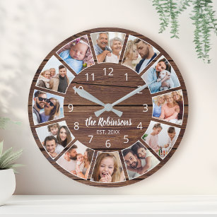 Reloj Redondo Grande Familia Collage de fotos Natural Wood