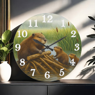 Reloj Redondo Grande Familia de castores en un humedal refugio