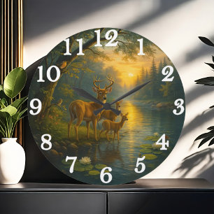 Reloj Redondo Grande Familia de ciervos tranquilos en un bosque ilumina