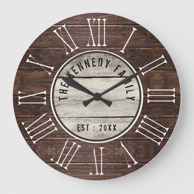 Reloj Redondo Grande Familia de Madera Marrón Nombre Farmhouse Número R (Anverso)