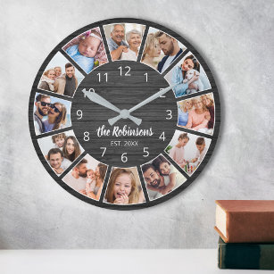 Reloj Redondo Grande Familia de madera negra personalizada de Collage d