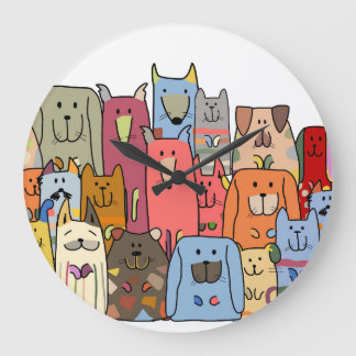 Reloj Redondo Grande Familia de perros divertidos: patrón sin costura.