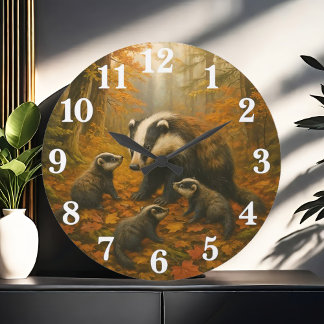 Reloj Redondo Grande Familia de tejones en bosque otoñal