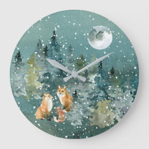 Reloj Redondo Grande Familia de zorros en bosque bajo nieve con luna ll