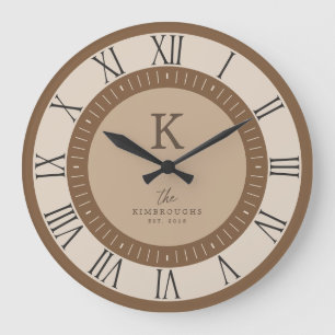 Reloj Redondo Grande Familia Monograma Marrón Mousse Beige Moderno Eleg