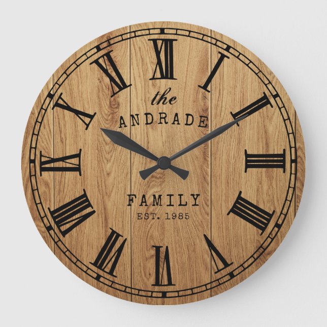 Reloj Redondo Grande Familia Personalizada Nombre Rústico Granja Madera (Anverso)