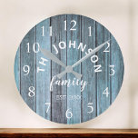 Reloj Redondo Grande Familia Personalizado de Madera Nombre Casa Rustic<br><div class="desc">El reloj de pared estilo casa de campo azul de madera es perfecto para su casa de playa o su salón. Personalizar con el nombre de su familia y año establecido para un regalo único y personalizado de cumpleaños o Navidades.</div>