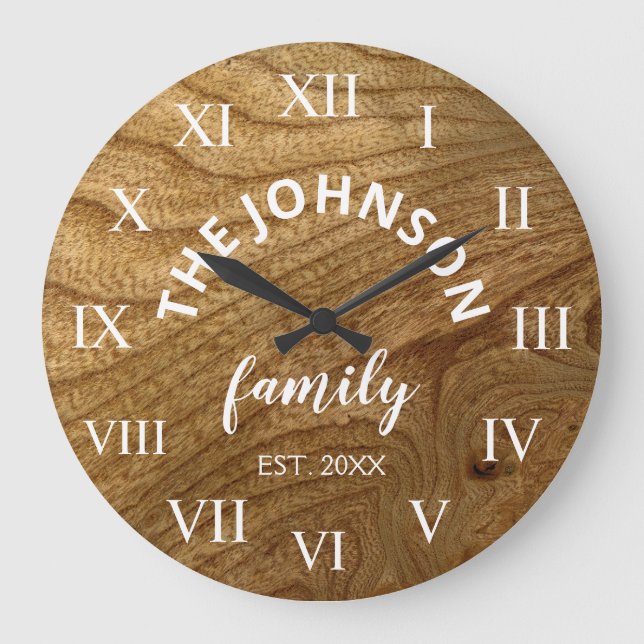 Reloj Redondo Grande Familia Personalizado de Madera Nombre Rústico Gra (Anverso)