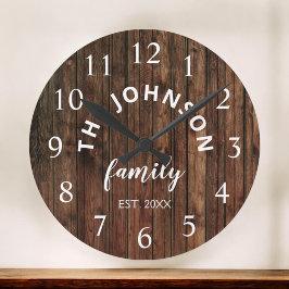 Reloj Redondo Grande Familia Personalizado de Madera Nombre Rústico Gra