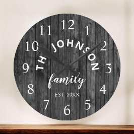 Reloj Redondo Grande Familia Personalizado de Madera Nombre Rústico Gra