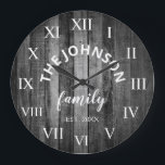 Reloj Redondo Grande Familia Personalizado de Madera Rústica Granja<br><div class="desc">El reloj mural gris (gris) de madera estilo casa de campo es perfecto para la cocina de una casa de campo o el salón. Personalizar con el nombre de su familia y año establecido para un cumpleaños único y personalizado o un regalo de Navidades.</div>