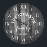 Reloj Redondo Grande Familia Personalizado de Madera Rústica Granja<br><div class="desc">El reloj mural gris (gris) de madera estilo casa de campo es perfecto para la cocina de una casa de campo o el salón. Personalizar con el nombre de su familia y año establecido para un cumpleaños único y personalizado o un regalo de Navidades.</div>