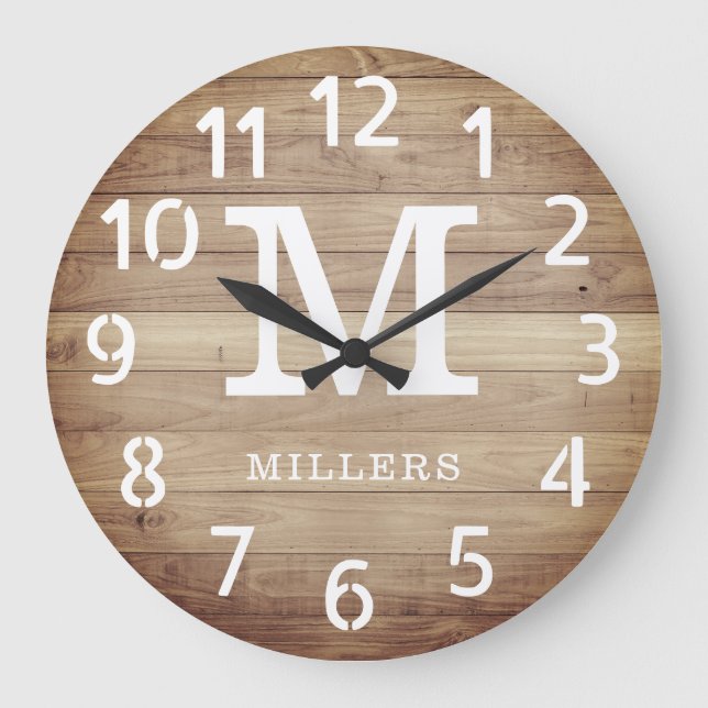 Reloj Redondo Grande Familia Rustic Brown Nombre Monograma Farmhouse (Anverso)