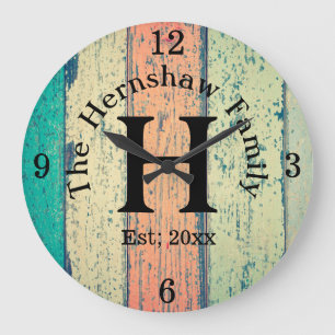 Reloj Redondo Grande Familia Rustic Wood Monogram