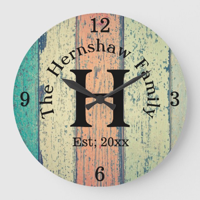 Reloj Redondo Grande Familia Rustic Wood Monogram (Anverso)