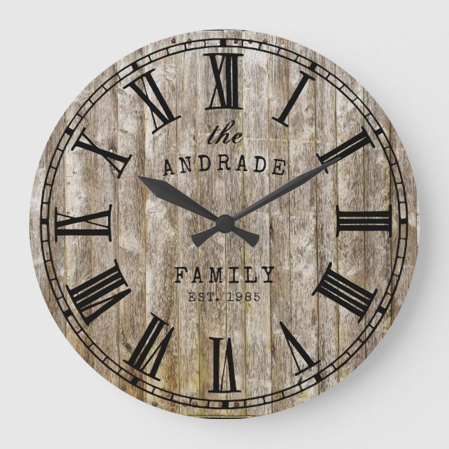 Reloj Redondo Grande Familia Rustic Wood Nombre Granja Roman Numeral (Anverso)