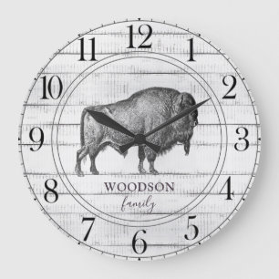 Reloj Redondo Grande Familia Rustic Wood Nombre Walking Bison Buffalo