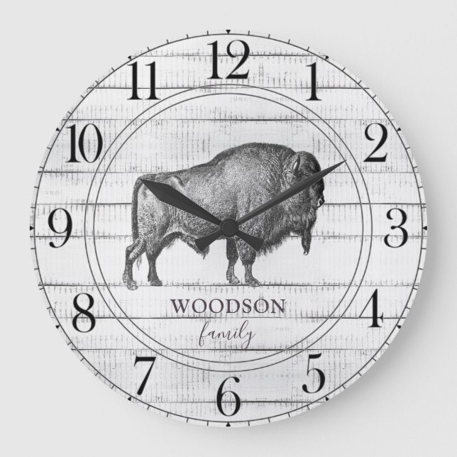 Reloj Redondo Grande Familia Rustic Wood Nombre Walking Bison Buffalo (Anverso)