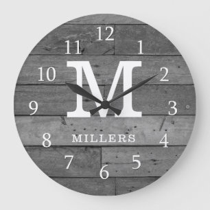 Reloj Redondo Grande Familia Rústica De Madera Reclamada Monograma Gris