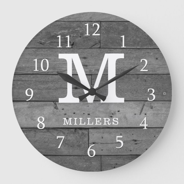 Reloj Redondo Grande Familia Rústica De Madera Reclamada Monograma Gris (Anverso)