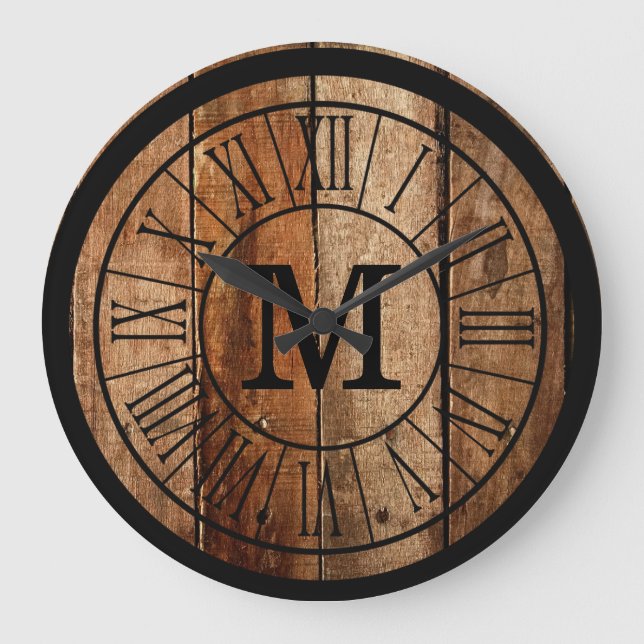 Reloj Redondo Grande Familia rústica moderna Monograma Madera de madera (Anverso)