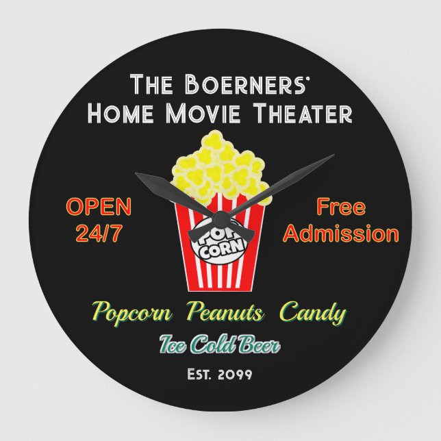 Reloj Redondo Grande Family Home Movie Theater Open 24/7  (Anverso)