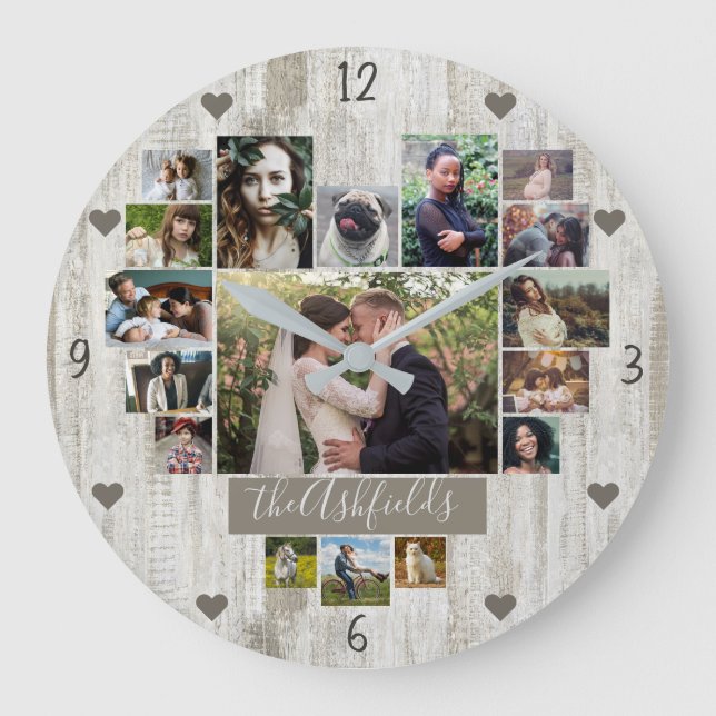 Reloj Redondo Grande Family Photo Collage Heart 17 Pic Name Rustic Wood (Anverso)