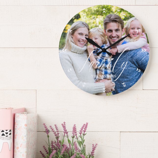 Reloj Redondo Grande Family Photo with Modern Script Typography (Subido por el creador)