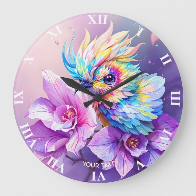 Reloj Redondo Grande Fantasía Ave Cuida Orquídea Rosa (Anverso)