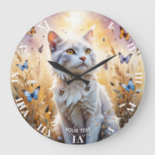 Reloj Redondo Grande Fantasía Cuidada Mariposas de Gato Blanco